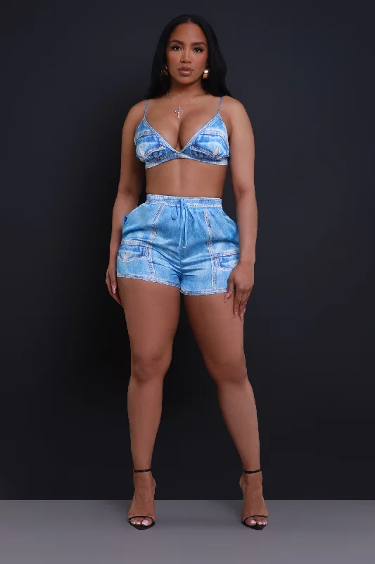 Sun's Out Cropped Graphic Shorts Set - Blue