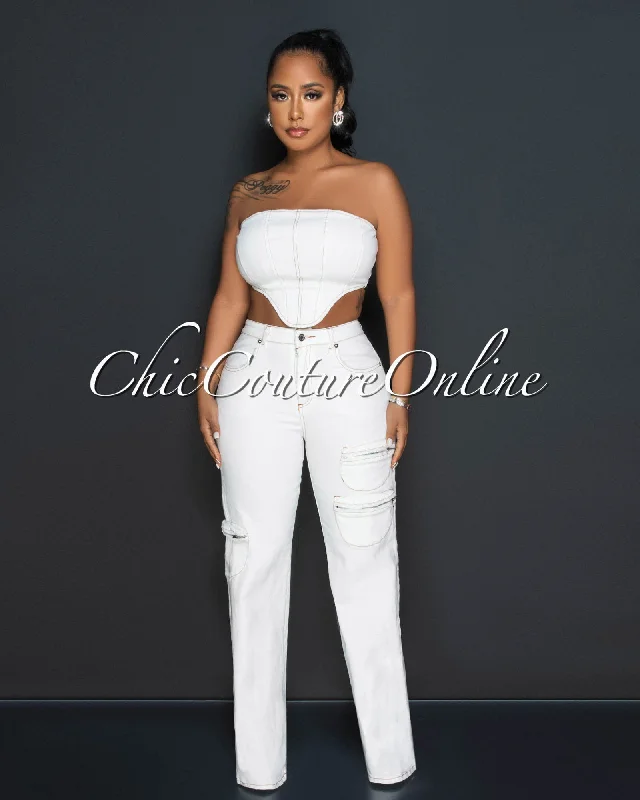 Valencia Off-White Crop Top & Cargo Jeans Set