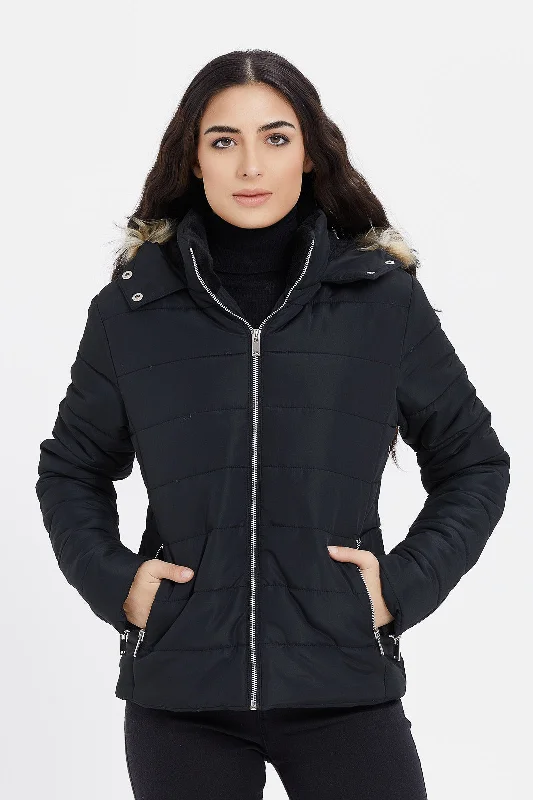 Women Black Hooded Puffer Coat