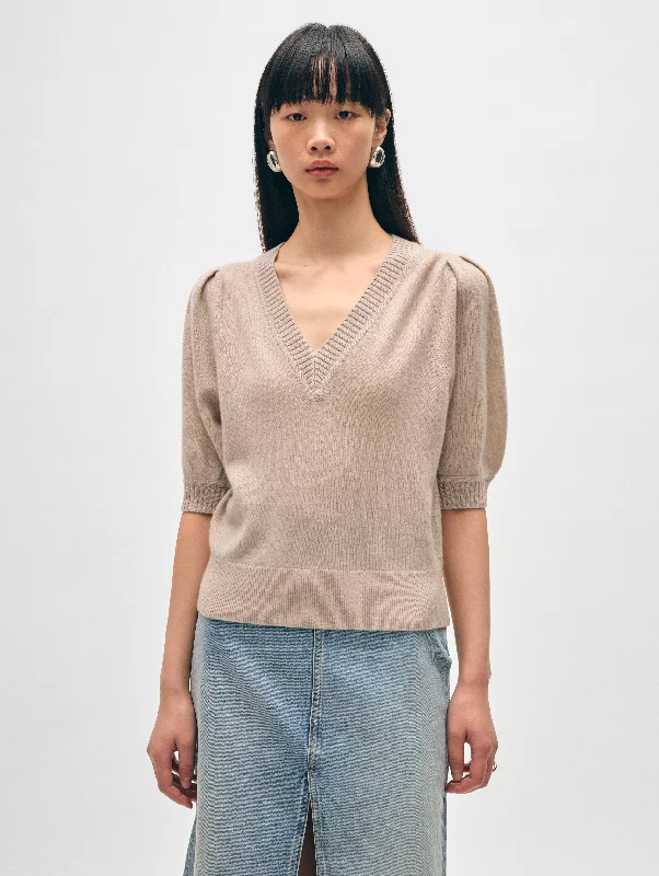 Cashmere Puff Sleeve V Neck