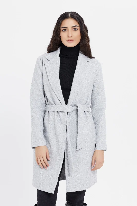 Women Grey Long Line Tie Waist Coat