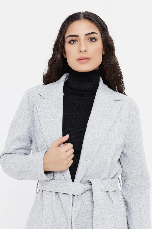 Women Grey Long Line Tie Waist Coat