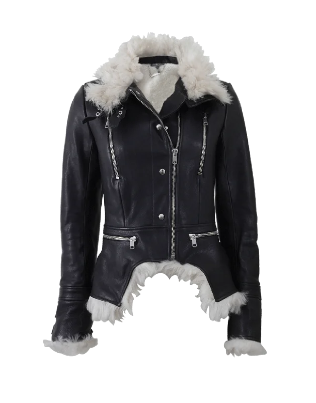 High Neck Leather Jacket With Shearling