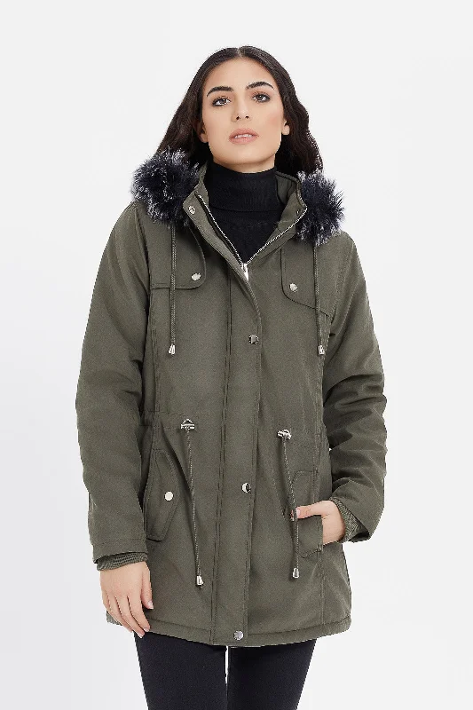 Women Olive Hooded Twill Coat