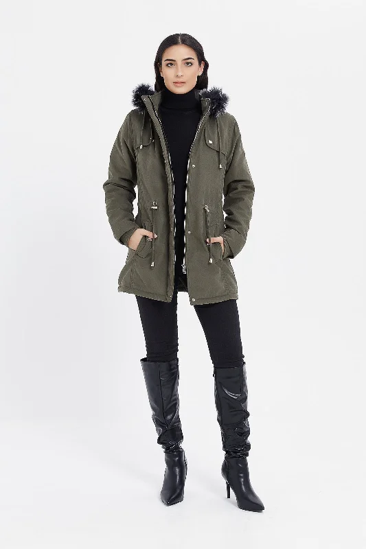 Women Olive Hooded Twill Coat