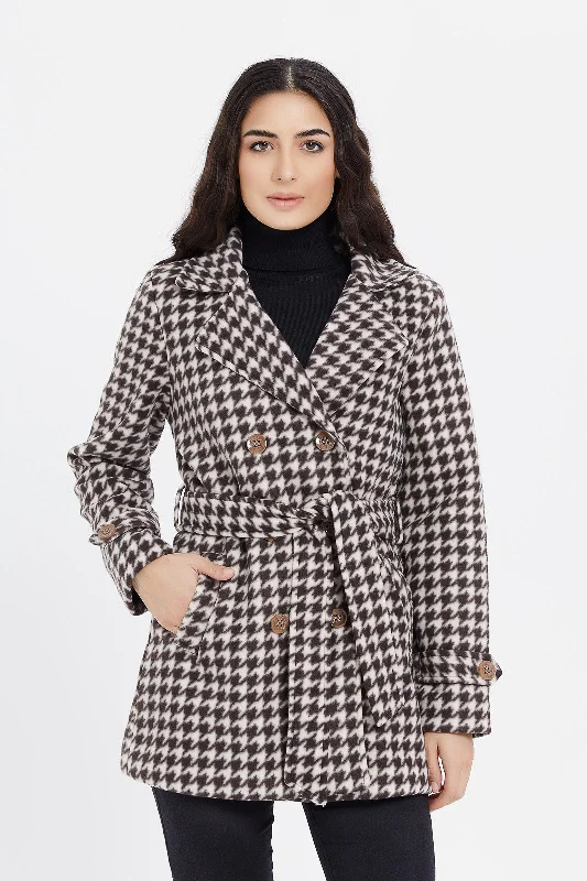 Women White And Black Checked Coat