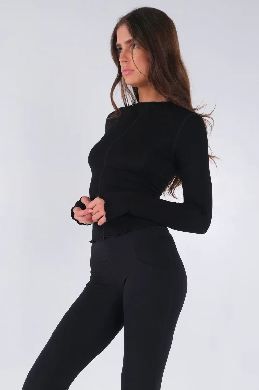 Frill Long Sleeve Top - Black