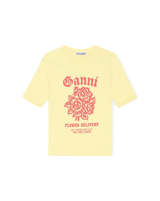 Light Cotton Jersey Flower Fitted T­-shirt - Yellow Cream