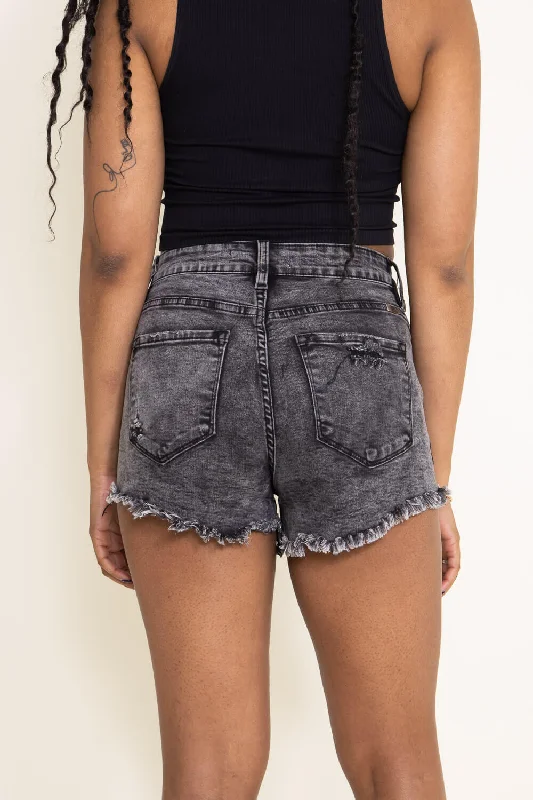 KanCan High Rise Acid Wash Distressed Shorts for Women in Black | KC6321GRN