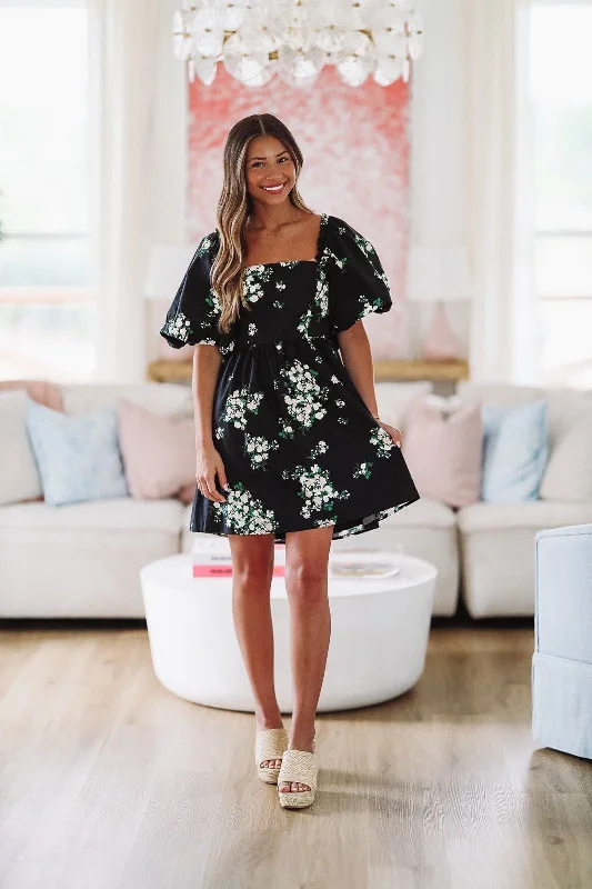 Around the Garden Floral Mini Dress - Black