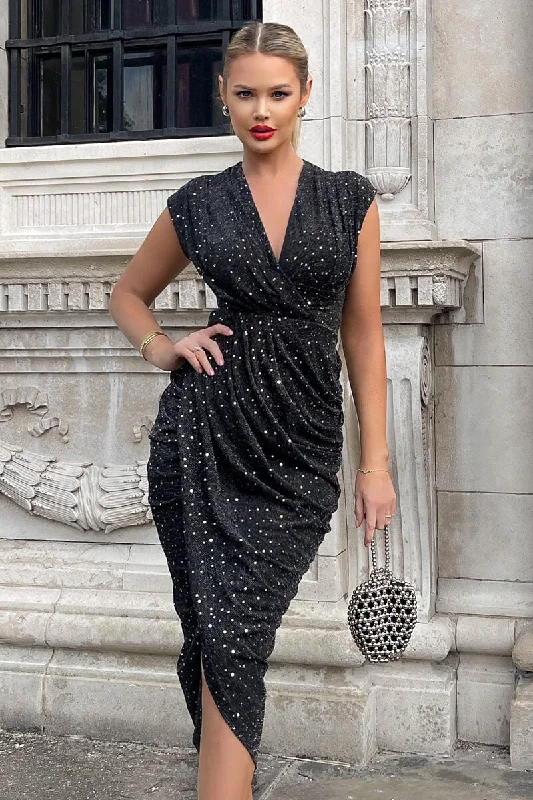 Black Glitter Wrap Draped Midi Dress