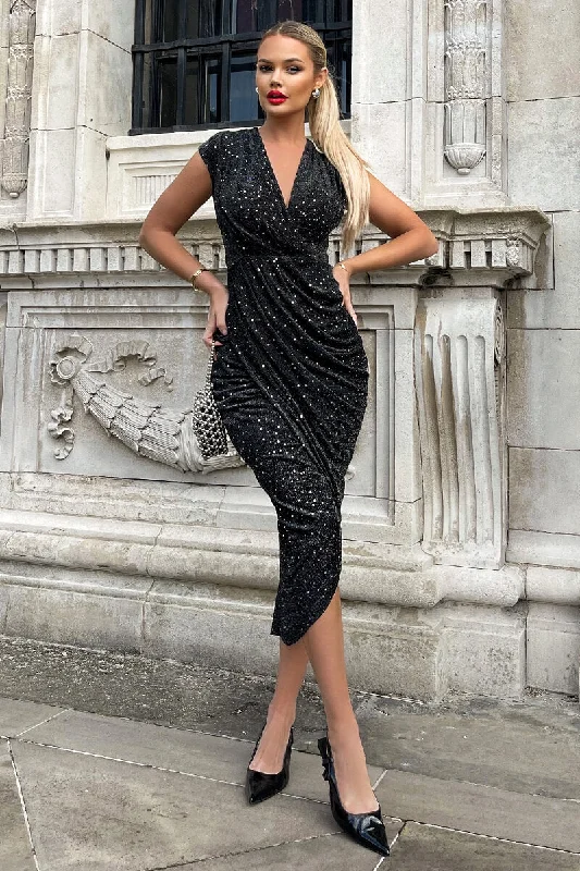 Black Glitter Wrap Draped Midi Dress