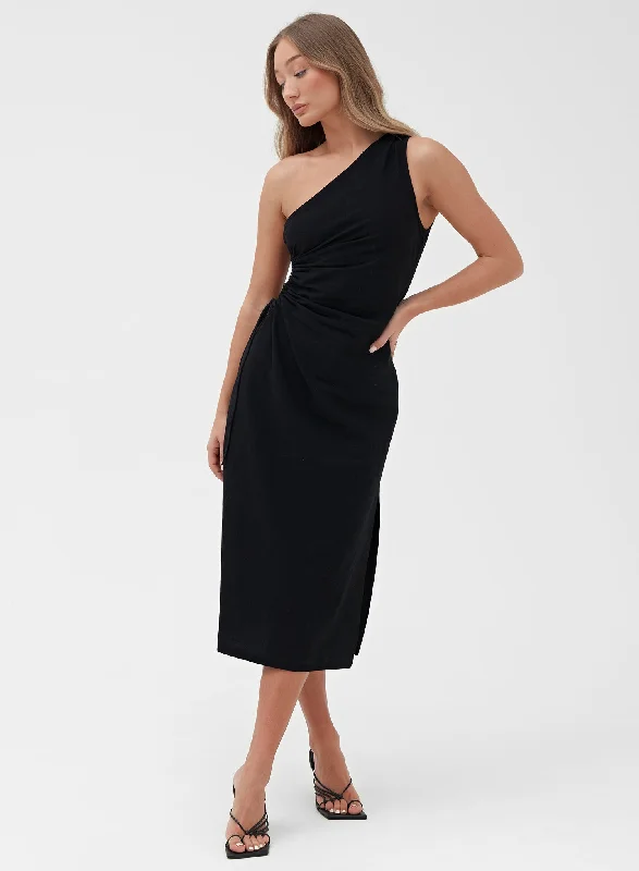 Black One Shoulder Linen Midi Dress - Indra