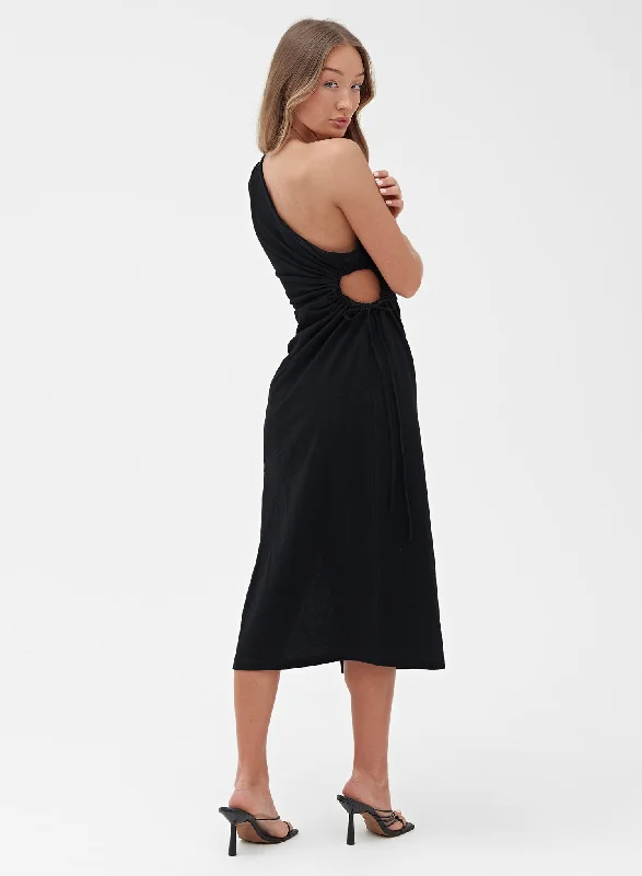 Black One Shoulder Linen Midi Dress - Indra