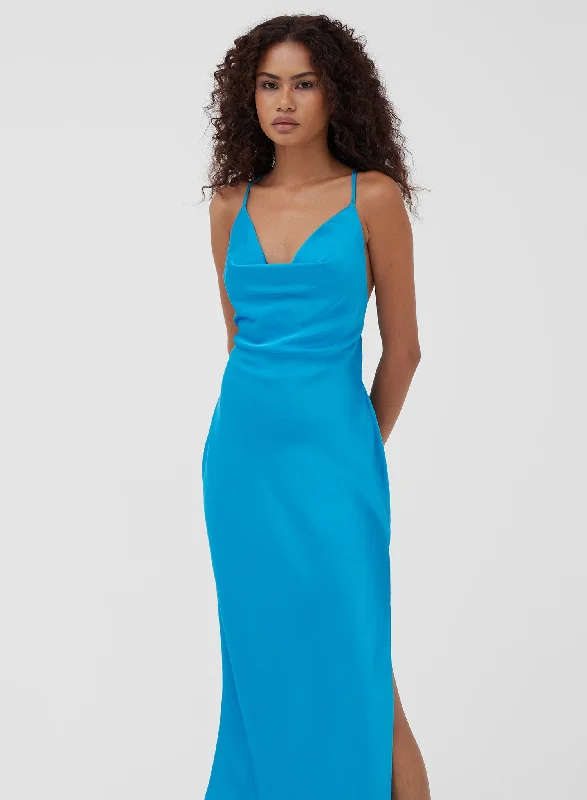 Blue Satin Cowl Neck Midi Dress - Madelyn