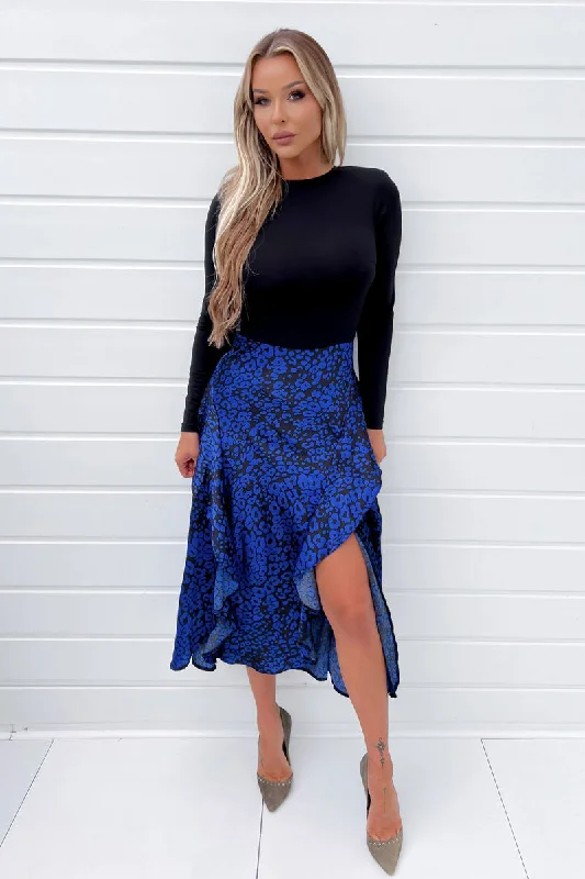 Cobalt Animal Print 2 in 1 Double Frill Split Midi Dress