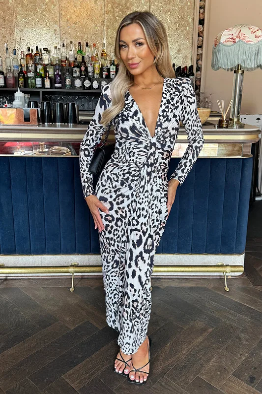 Cream Leopard Print Long Sleeve V Neck Knot Drape Midi Dress