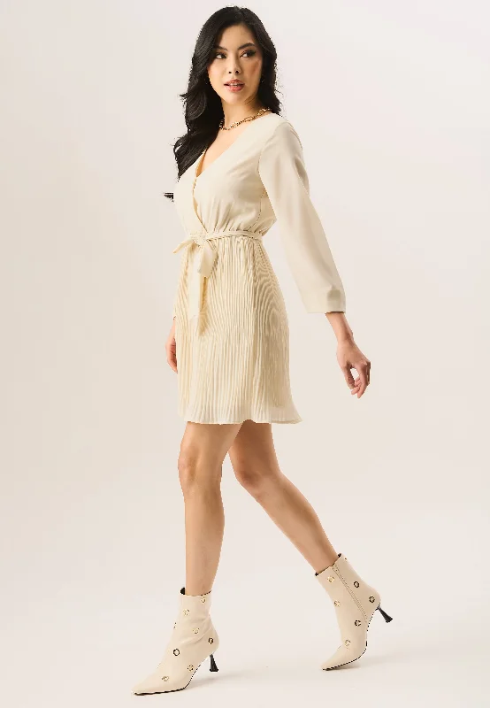 Cream Pleated Long Sleeve Wrap Mini Dress