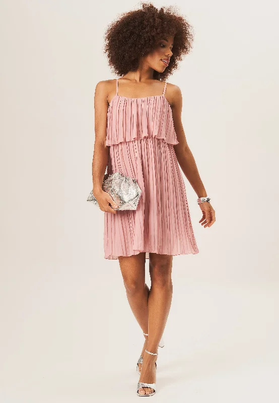 Dusty Pink Strappy Layered Top Pleated Mini Dress