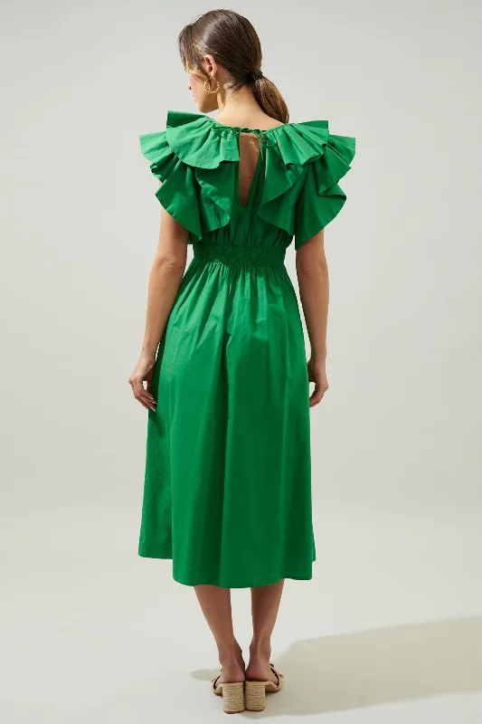 Emerald Green Ruffle Sleeve Tie Back Midi Dress