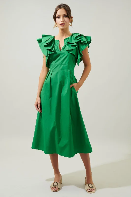 Emerald Green Ruffle Sleeve Tie Back Midi Dress