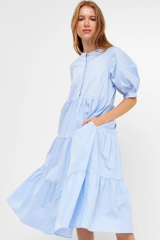 Light Blue Short Sleeve Button Front Midi Dress