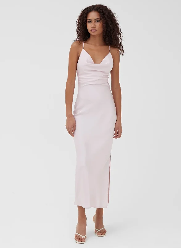 Light Pink Satin Cowl Neck Midi Dress - Madelyn