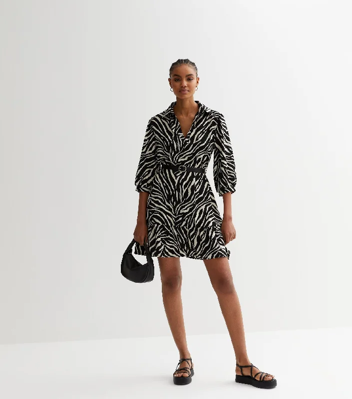 Mono Smock Collared Mini Dress with Belt in Zebra Print