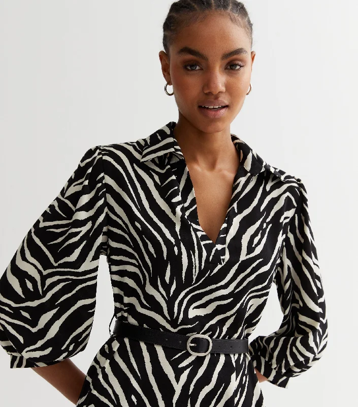 Mono Smock Collared Mini Dress with Belt in Zebra Print