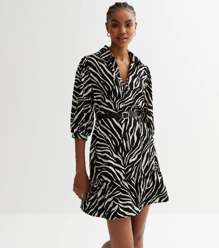 Mono Smock Collared Mini Dress with Belt in Zebra Print