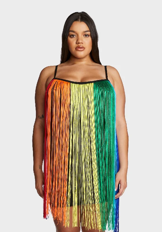 Plus Technicolor Trip Fringe Mini Dress