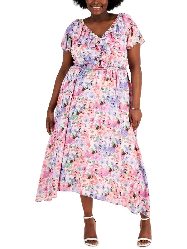 Plus Womens Floral Print Tea Length Midi Dress