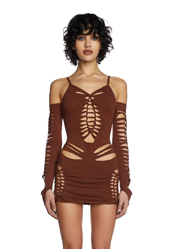 Spellbound Smiles Mini Dress - Brown