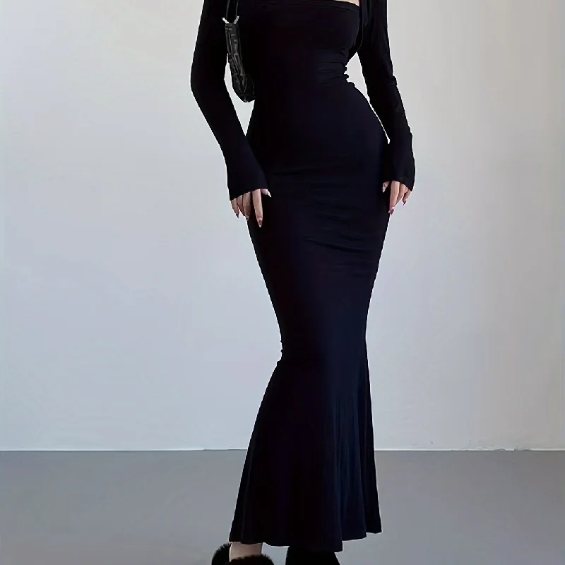 Sixsr Solid Square Neck Dress, Elegant Long Sleeve Maxi Dress, Women's Clothing