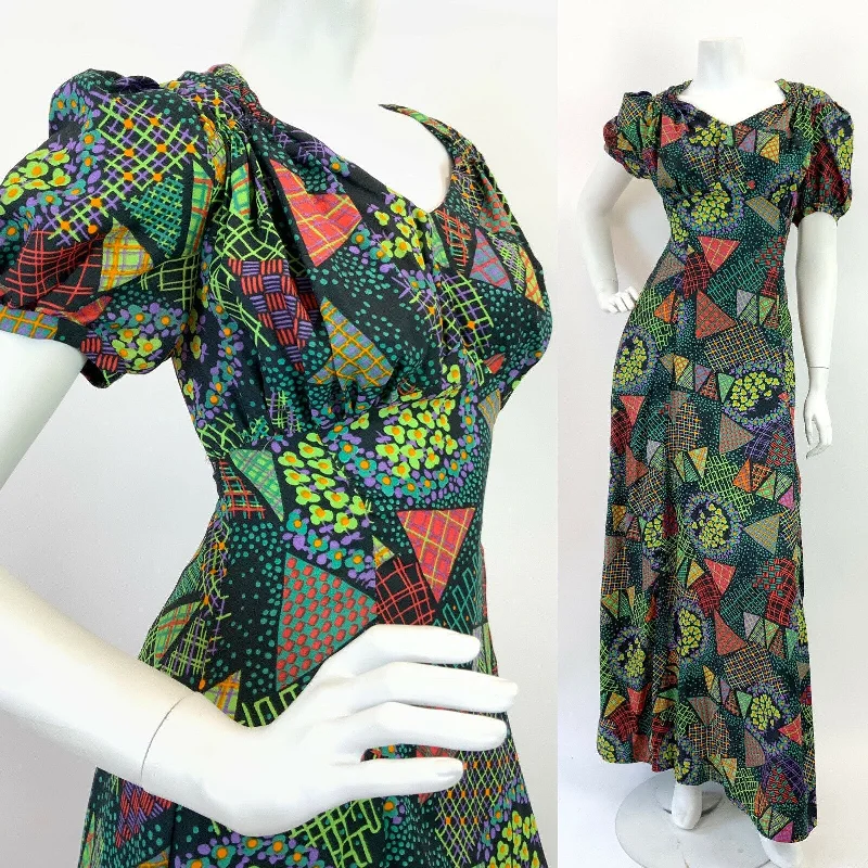 VINTAGE 60s 70s BLACK GREEN PURPLE PATCHWORK DAISY PSYCHEDELIC MAXI DRESS 10 12