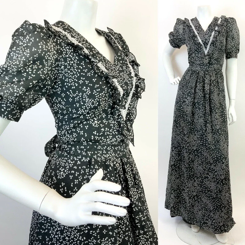 VINTAGE 60s 70s BLACK WHITE DITSY PUFF SLEEVE BOHO PRAIRIE SHEER MAXI DRESS 6 8