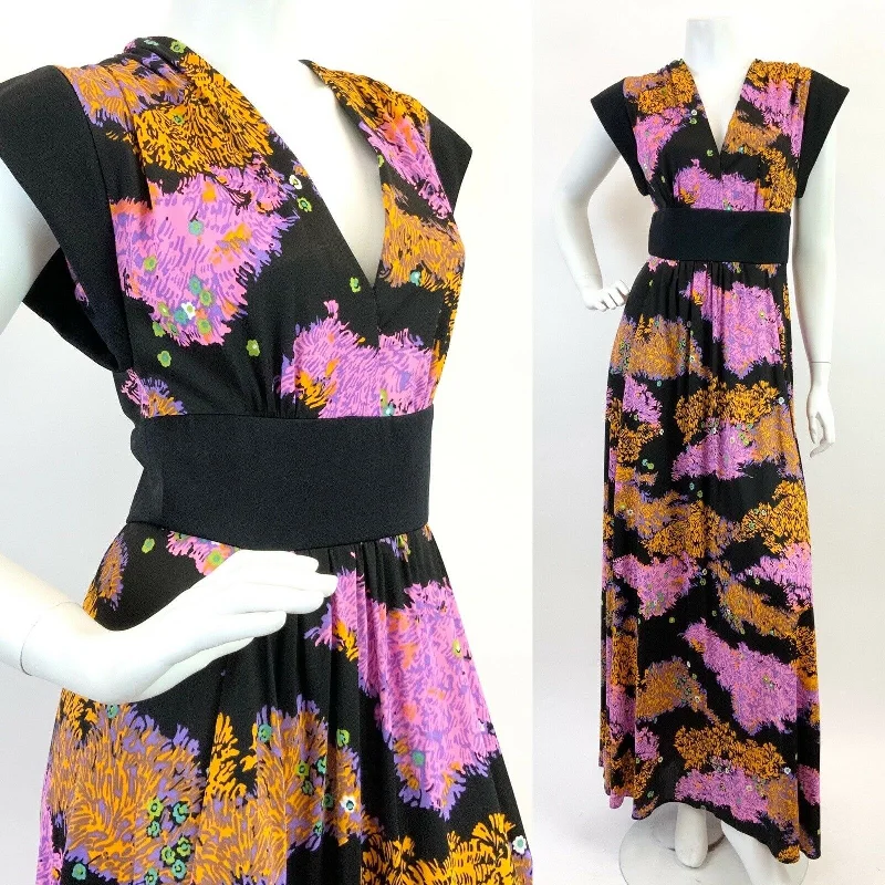 VINTAGE 60s 70s BLACK YELLOW PURPLE FLORAL PSYCHEDELIC MAXI DRESS 8 10