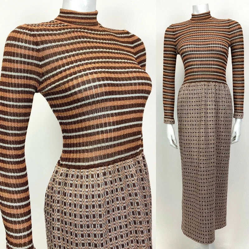 VINTAGE 60s 70s BROWN BRONZE SILVER GEOMETRIC TURTLENECK LUREX MAXI DRESS 6 8