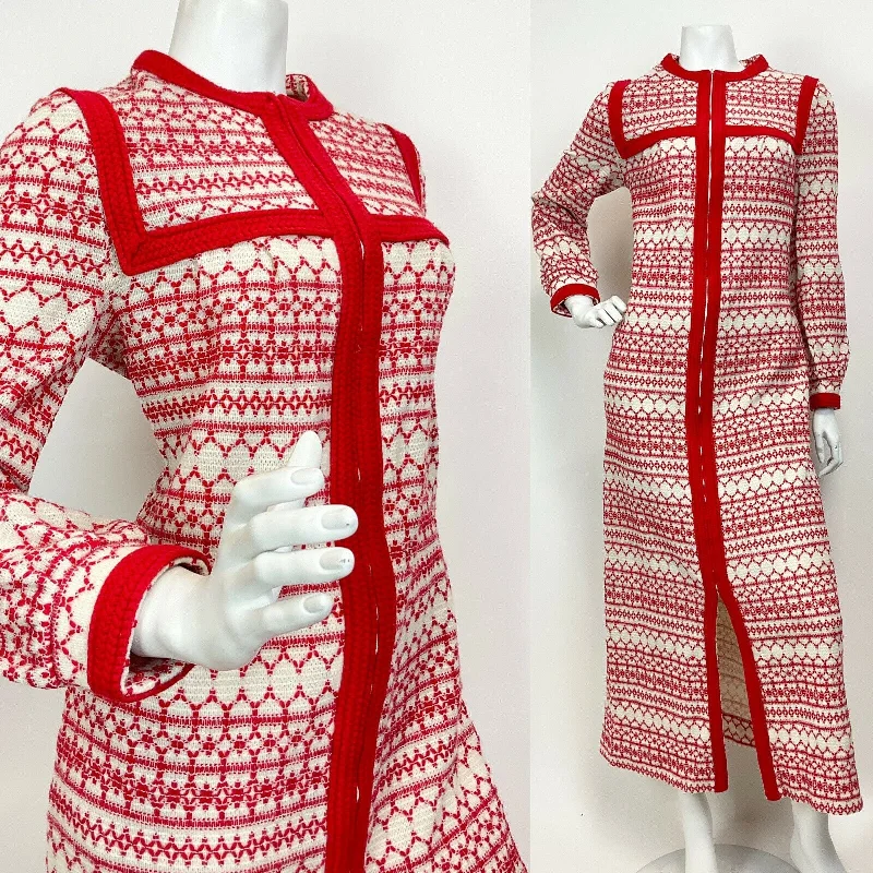 VINTAGE 60s 70s WHITE RED NORDIC SWEDISH GEOMETRIC KNITTED MAXI DRESS 12 14