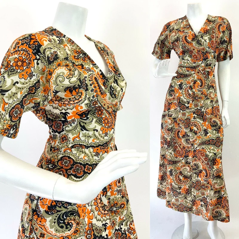 VTG 60s 70s BEIGE BLUE ORANGE PSYCHEDELIC FLORAL PAISLEY WRAP MAXI DRESS 10 12