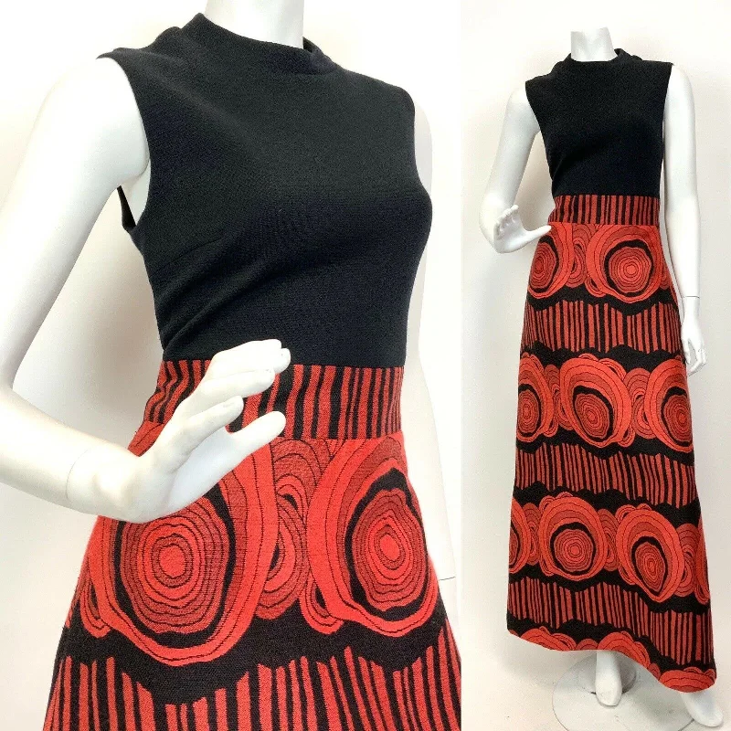 VTG 60s 70s BLACK ORANGE PSYCHEDELIC GEOMETRIC SLEEVELESS MOD MAXI DRESS 8 10