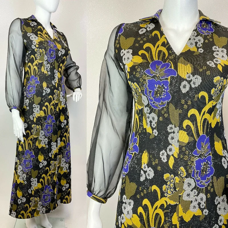 VTG 60s 70s BLACK PURPLE YELLOW LUREX PSYCHEDELIC FLORAL SHEER MAXI DRESS 16 18