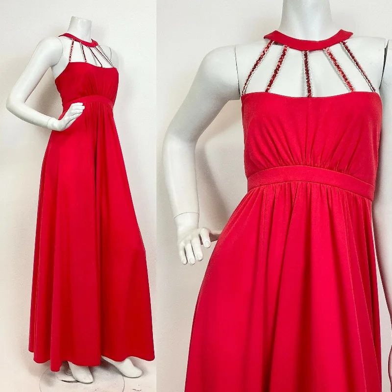 VTG 60s 70s CHERRY RED SILVER SEQUIN STUDIO 54 DISCO PARTY MAXI HALTER DRESS 8