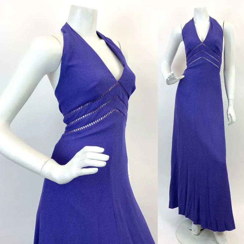 VTG 60s 70s VIOLET PURPLE CUT-OUT STUDIO 54 GLAM PLUNGING HALTER MAXI DRESS 10