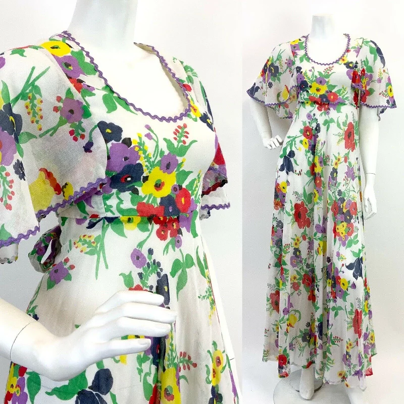 VTG 60s 70s WHITE PURPLE RED GREEN FLORAL RICRAC SHEER CAPE SLEEVE MAXI DRESS 8