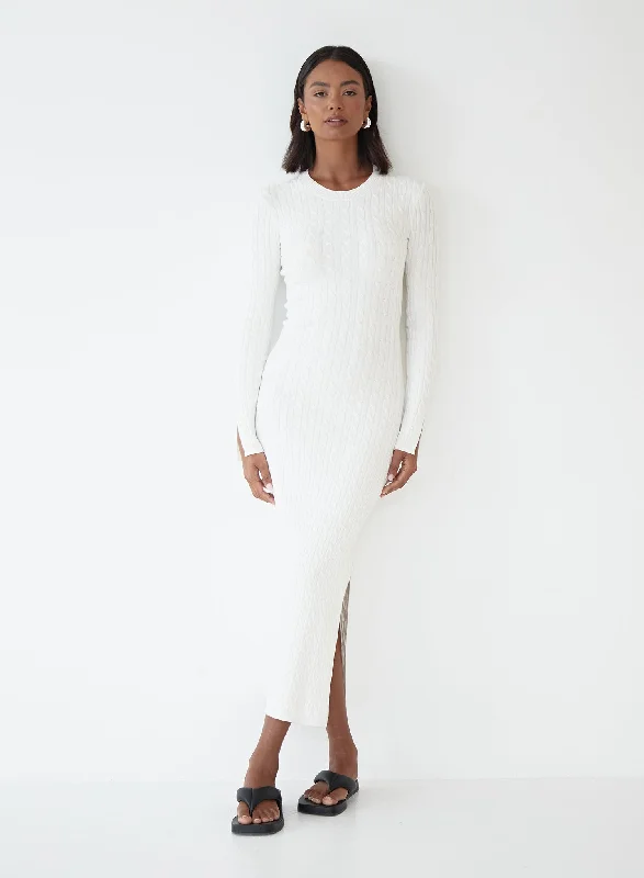 White Knitted Split Detail Midi Dress - Kalea