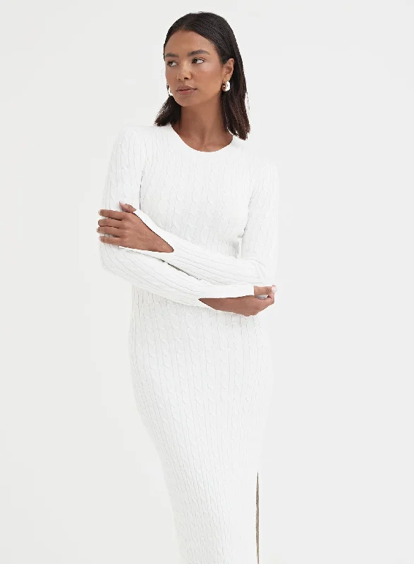 White Knitted Split Detail Midi Dress - Kalea