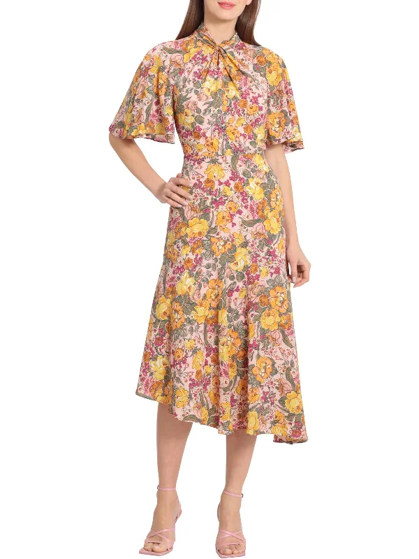 Womens Floral Asymmetric Midi Dress