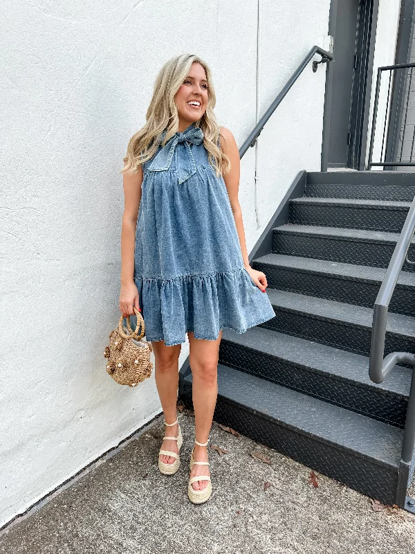 Tie Neck Denim Dress