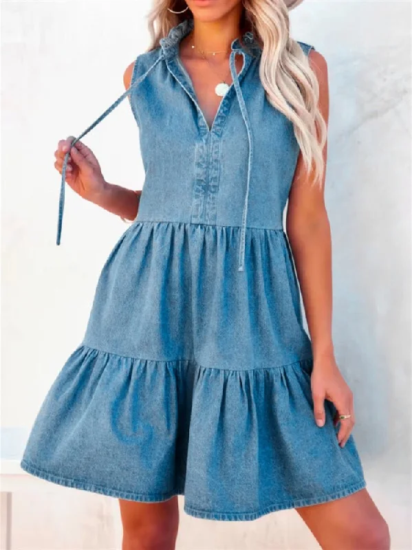 Dresses Loose Belted Short Sleeve Denim Dress for Women